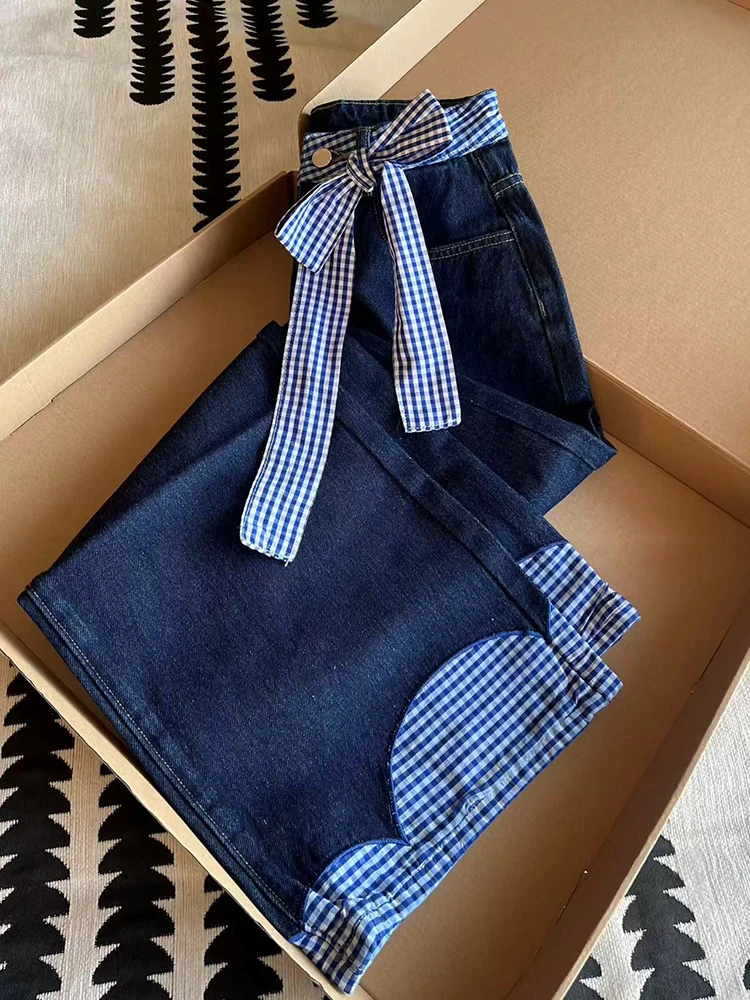 Bow Patchwork Plaid Jeans Women Y2K High Waist Sweet Preppy Loose Wide Leg Jeans Korean Chic Lace Up Straight Cowboy Trousers