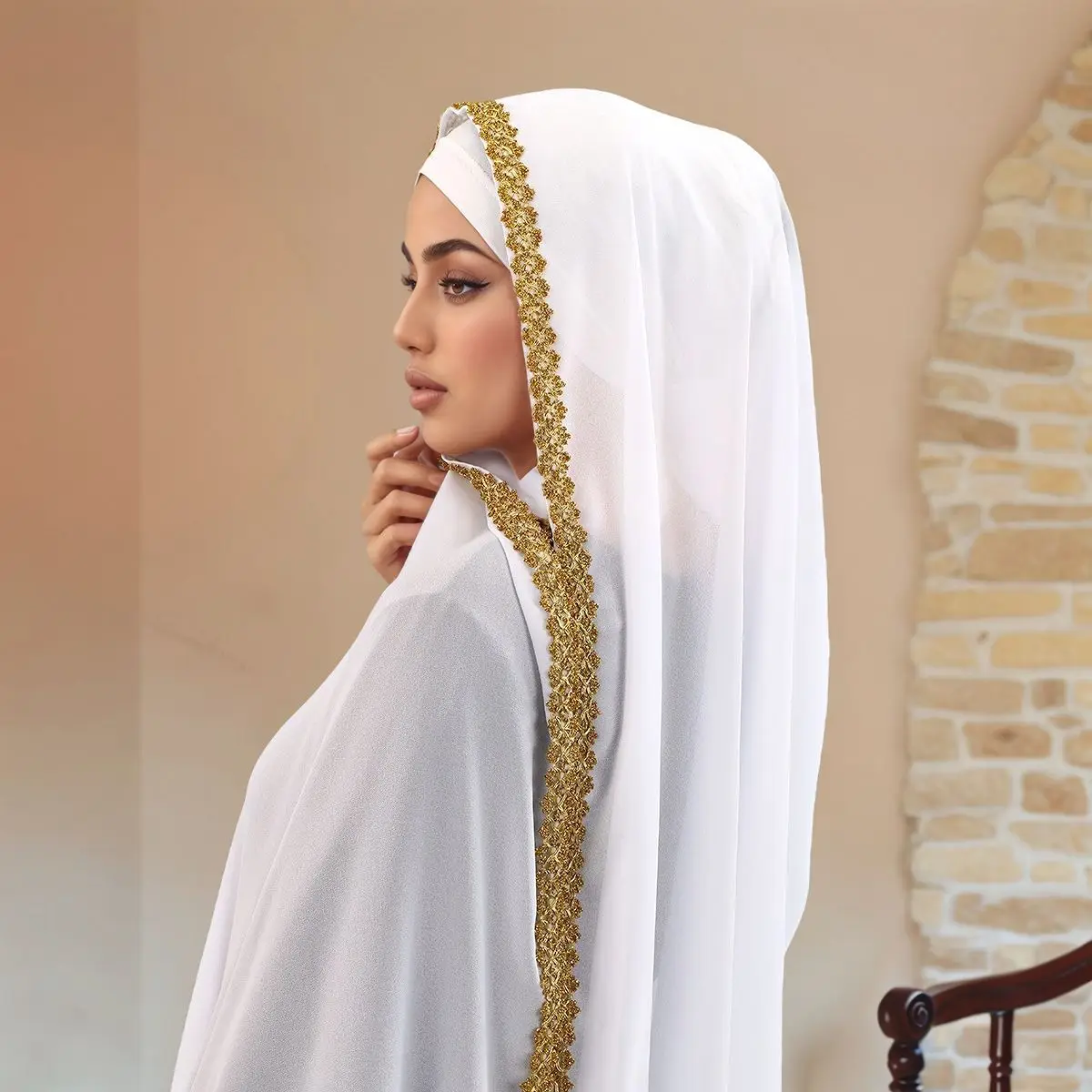 Hot Sale Gold Double Sided Floral Chiffon Long Scarf for Women, Versatile Fashion High Quality Ethnic Turban Shawl Cross Border