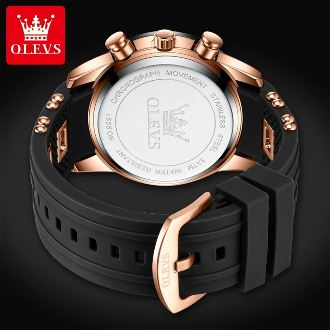 OLEVS 9991 Fashion Quartz Watch Gift Round-dial Silicone Watchband Wristwatch Chronograph Small second