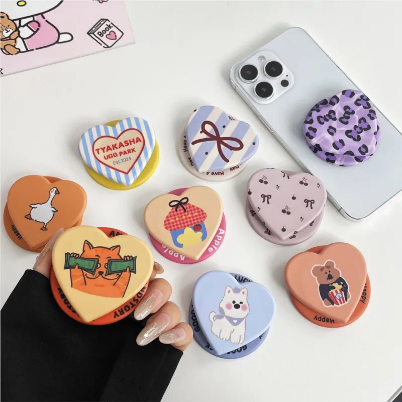 INS Korean Cute Cartoon Heart Phone Stand For Magnetic For MagSafe Compatible Foldable Grip Holder for iPhone 17 16 15 Samsung