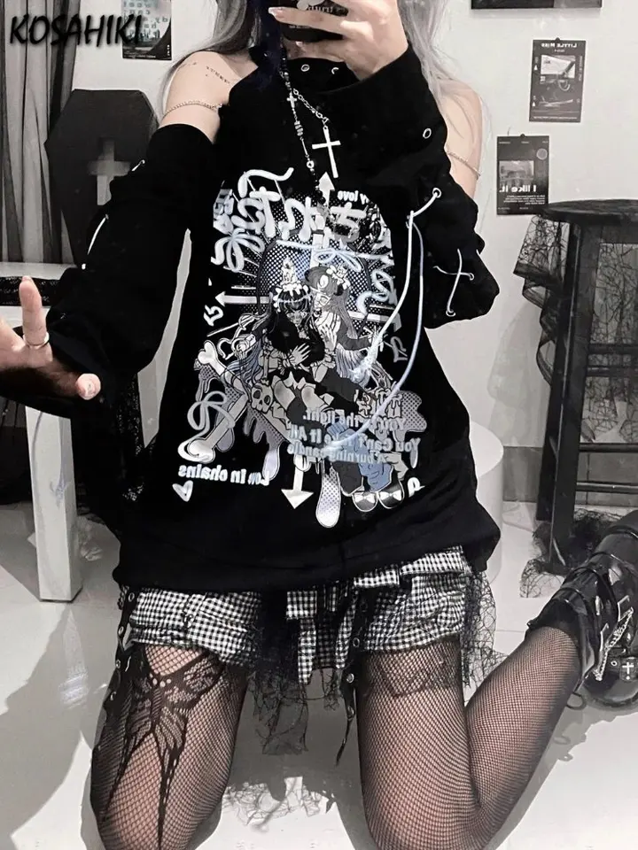 Y2k Aesthetic T-shirt Women Gothic Off Shoulder Long Sleeve