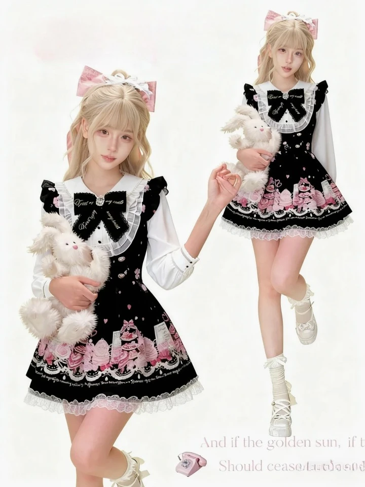 Vestido de cuadros negro con moño dulce estilo Harajuku, entallado y versátil, Kawaii Lolita para mujer, otoño, manga larga 3