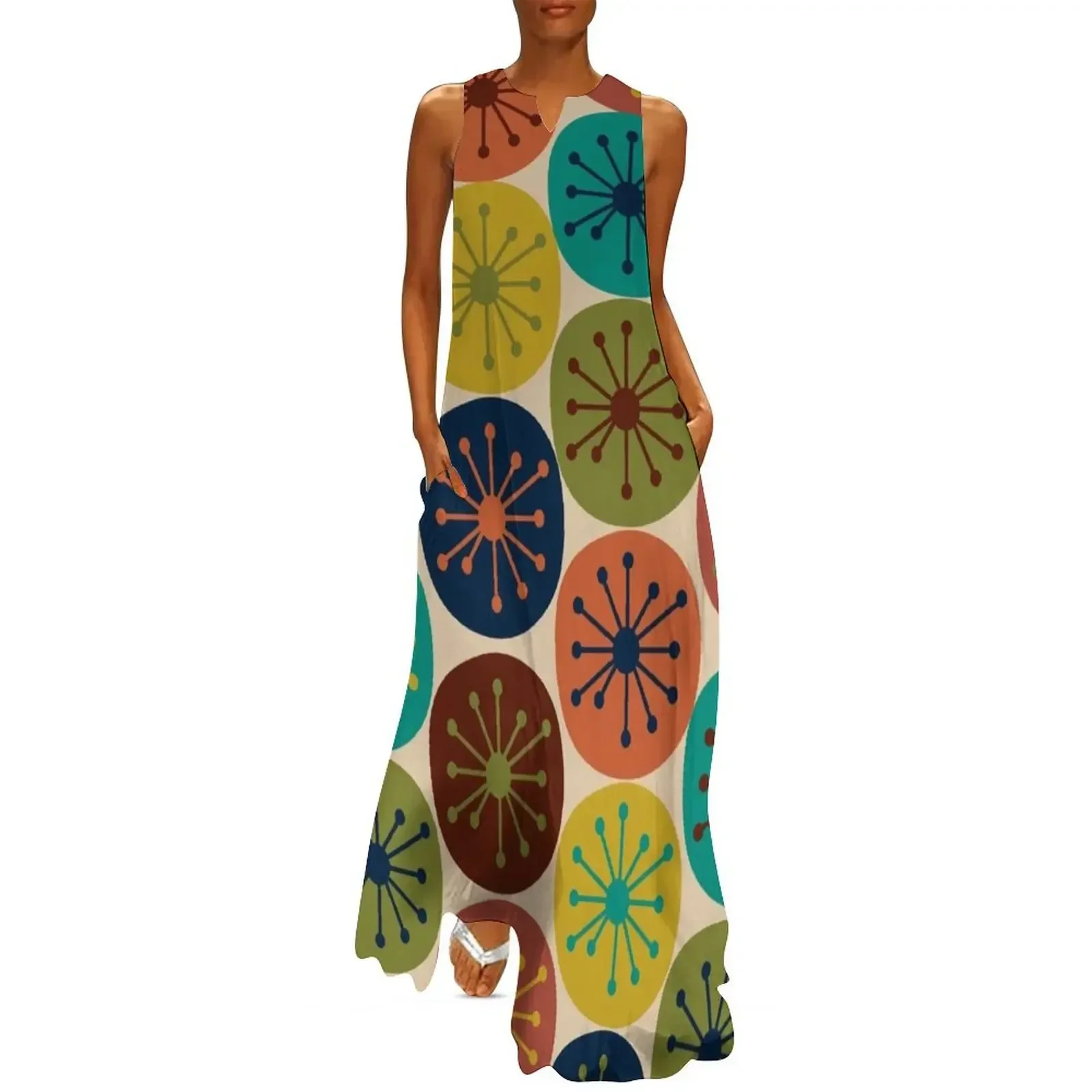 

Atomic Retro Dots - Midcentury Modern Pattern in Mid Mod Turquoise, Olive Green, Mustard, Orange, Blue, and Beige Long Dress
