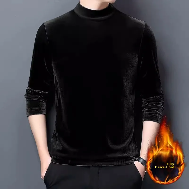 Gold Velvet Thickened Long Sleeve Sweatshirt Men's Fashionable Printed Half High Collar Autumn Winter Warm Base Layer Shirt
