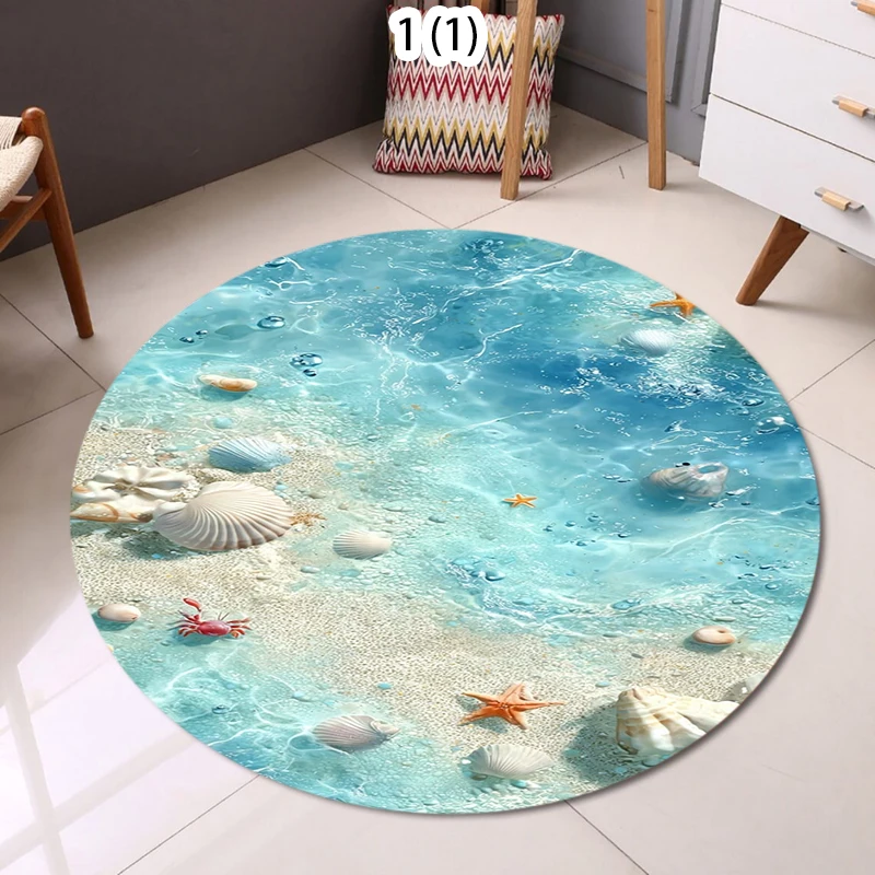 2D Realistic Beach Seashell Round Carpet Coastal Ocean Style Decorative Rug Living Room Bedroom Summer Beach Non Slip Floor Mat