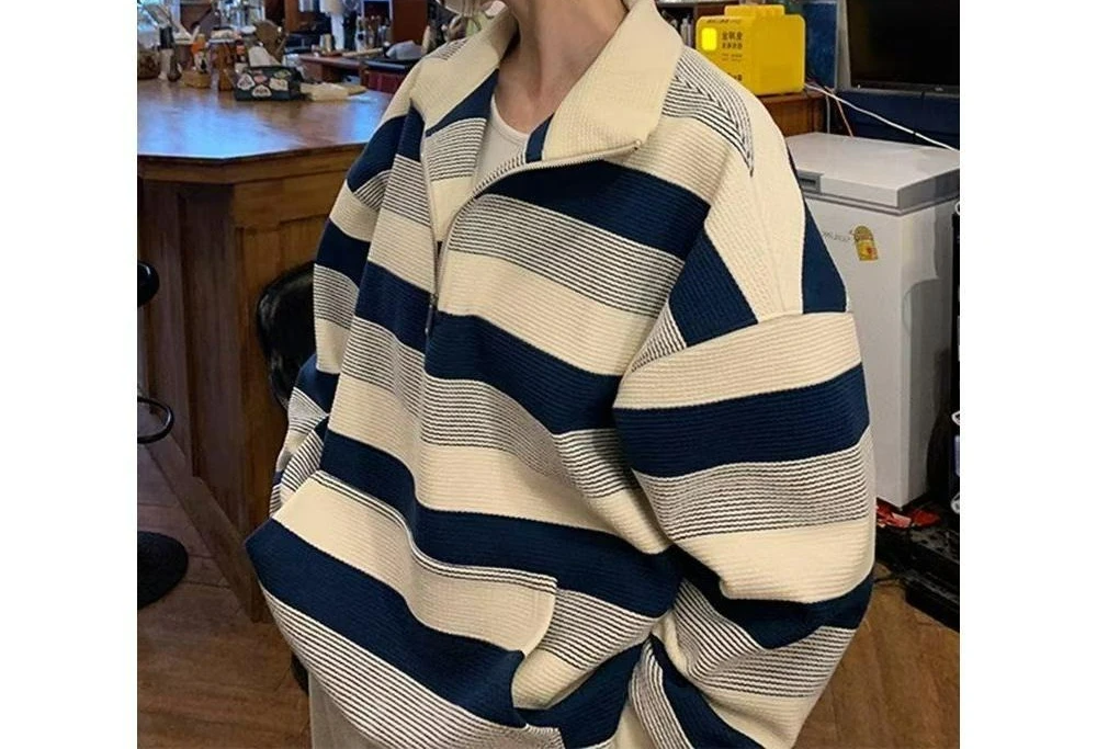 

2025 New Retro Half-Zip Striped Sweatshirt Loose Long Sleeve Slimming Jacket for Spring and Autumn