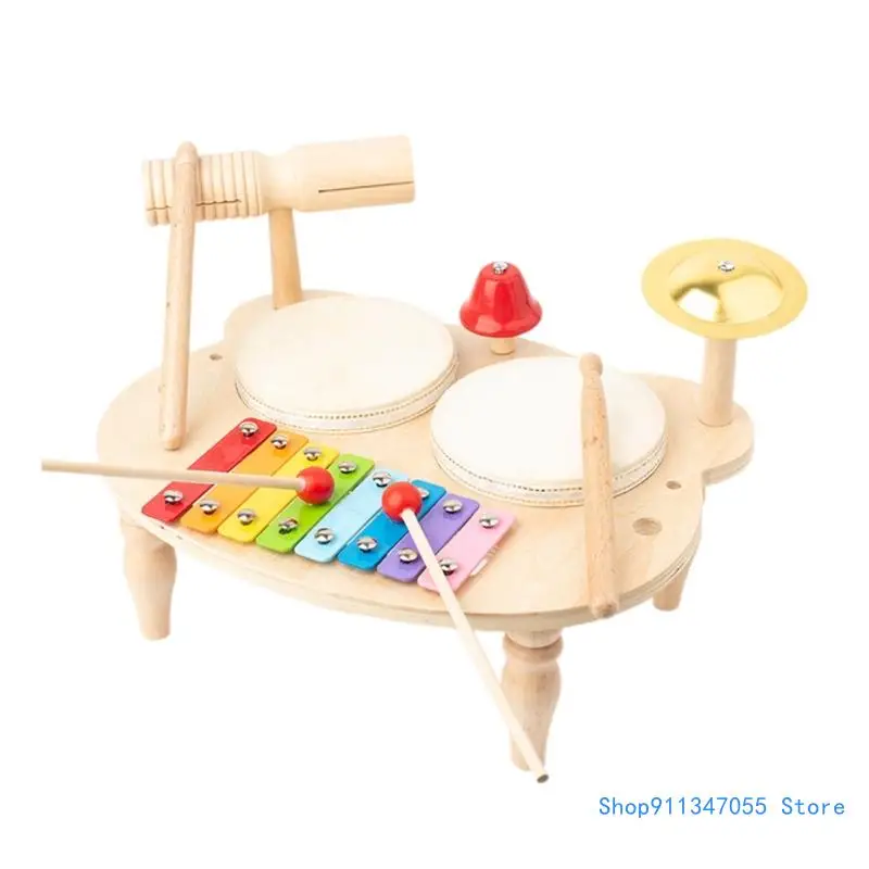 

Kids Wooden Music Instrument Toy Drum Set Sensory Percussion Musical Toy 5in1 Drop shipping