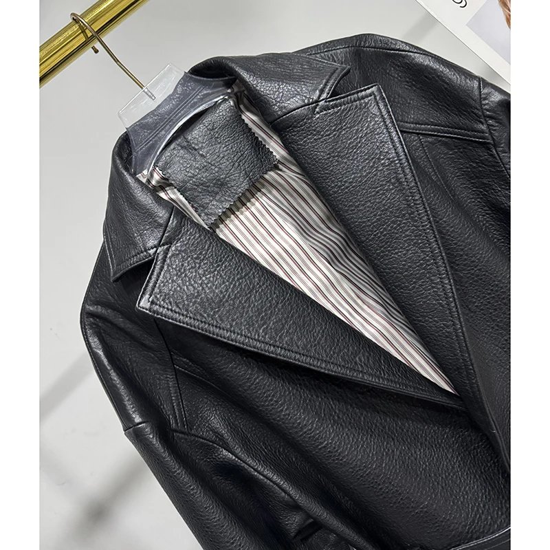 新しい本物のシープスキンジャケット秋冬女性輸入羊バブルレザーコーヒーラペルベルトウエスト閉鎖スリムショートコート