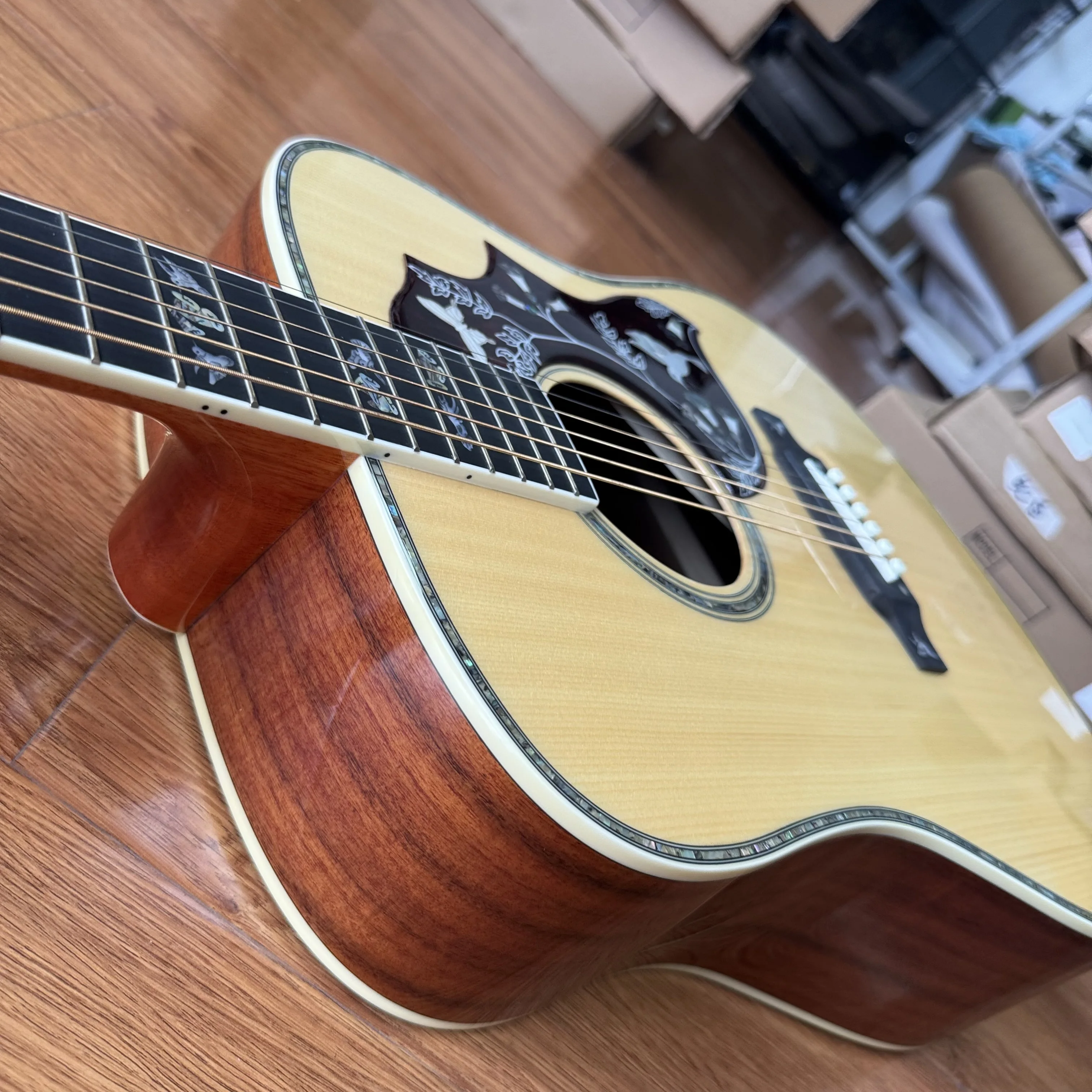 US Warehouse Dreadnought Acoustic Guitar Solid Spruce Top Abalone Inlay Flower & Bird Pickguard Rosewood Fingerboard Christmas Gifts Available In Free Shipping