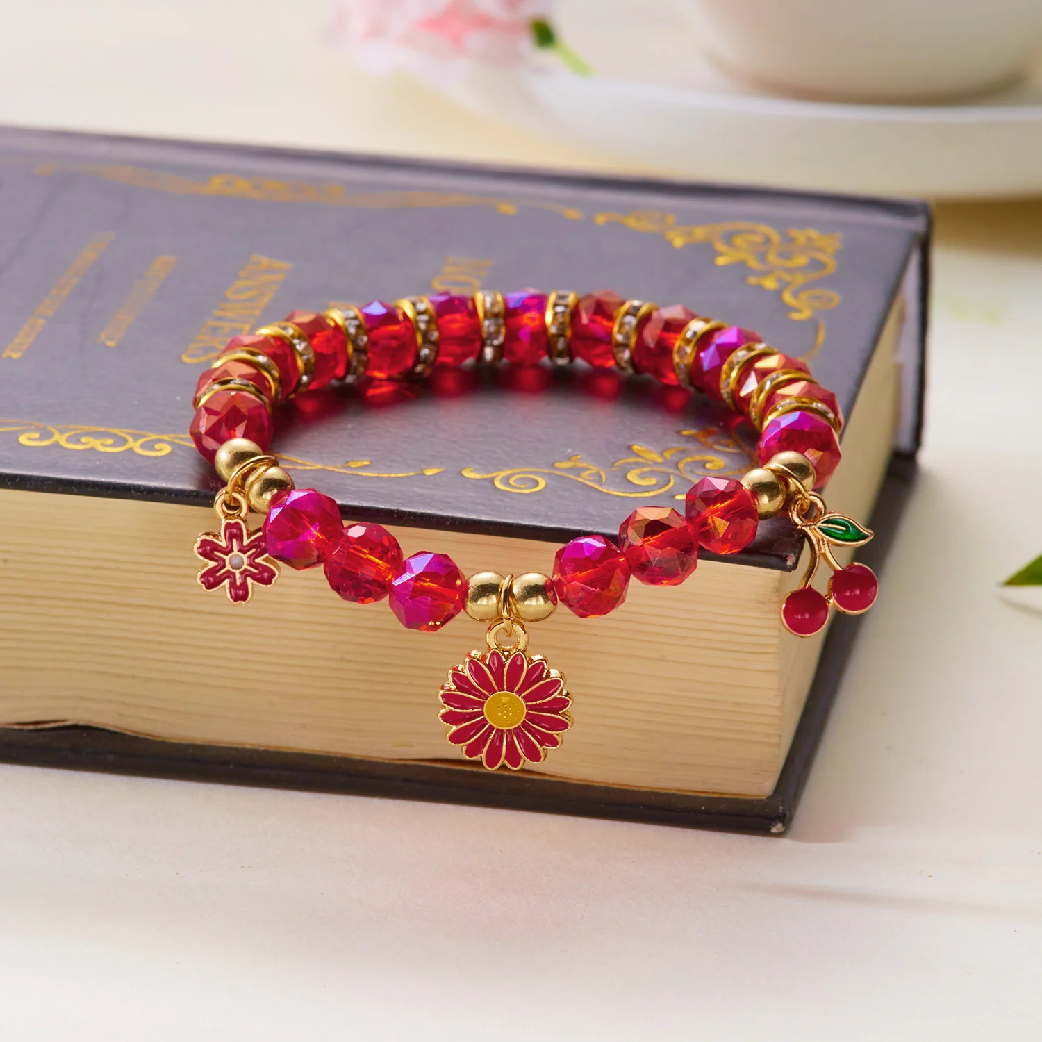 Böhmisches Blaues Kristall-Perlenarmband für Frauen Goldfarben Seestern Sonnenblumen-Anhänger Elastische Handkette Sommer-Schmuck Geschenk – Detail 8