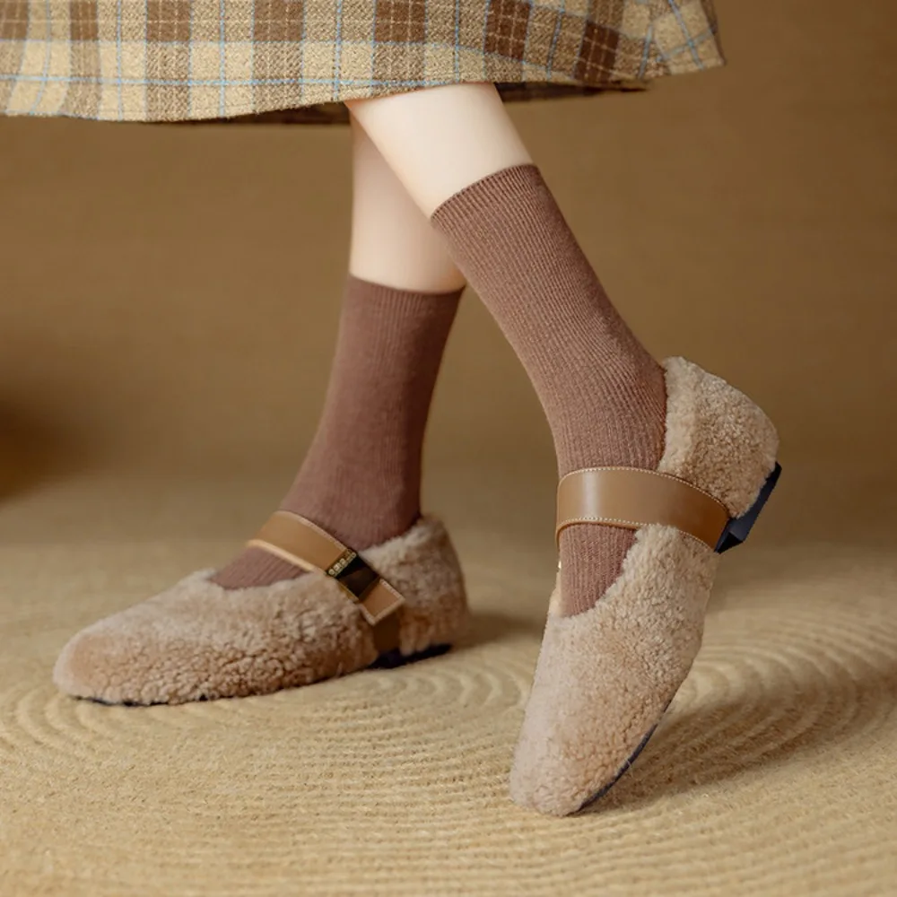 Fashion Square Toe Fleece Flet Ballet Flats Woman Winter Warm Wool Mary Jane Shoes Ladies Brand Design Elegant Plush Loafers