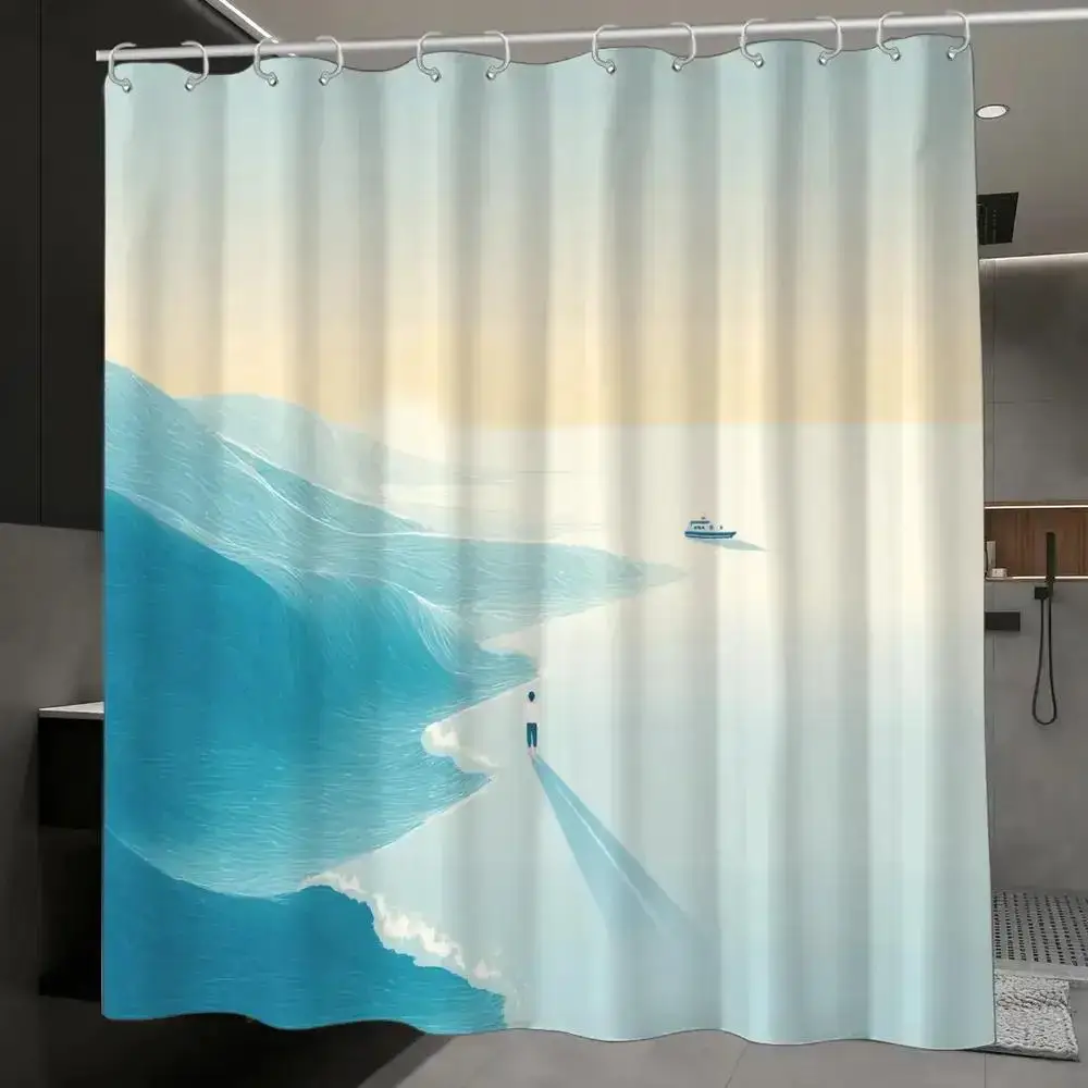 Minimalist Ocean Shower Curtain – Serene Wave, Lone Figure & Distant Boat, 12 Hooks,  Waterproof Modern Bathroom Decor