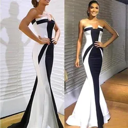 On Zhu Elegant Black and White Satin Mermaid Prom Dress Sexy Strapless Ruched Long Evening Dress Floor-Length Robe De Soiree