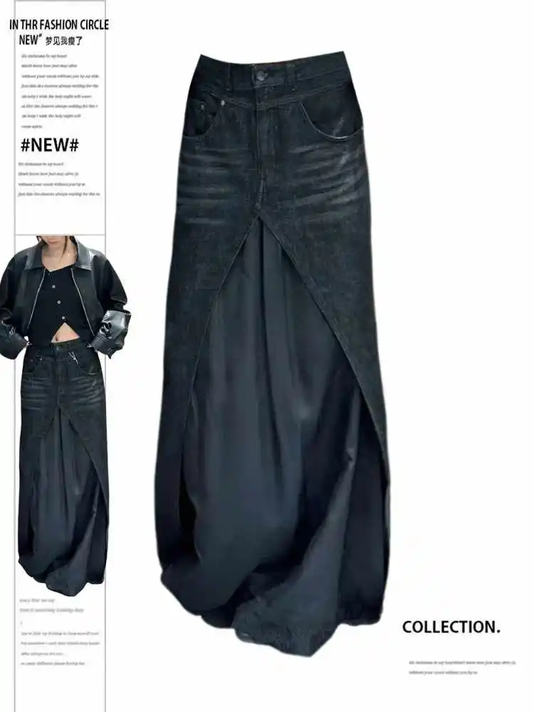 Autumn Winter Women Goblin Core Dark Academia Y2k Denim Maxi Skirt Patchwork Harajuku Japanese Grunge 2000s Cyber Punk E-girl