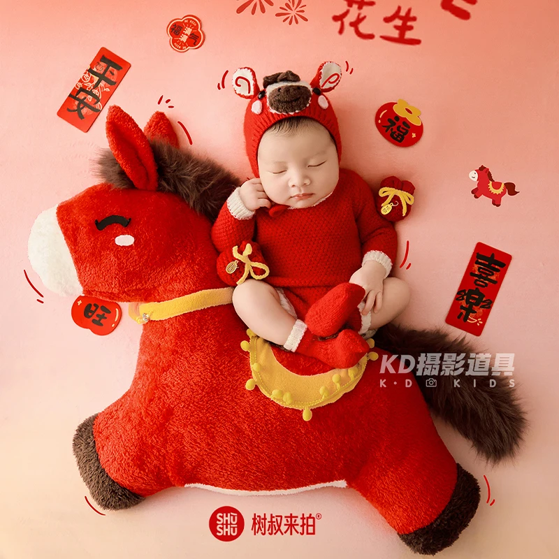 Cute Poney Theme Newborn Photography Props Horse-Shaped Baby Jumpsuit with Matching Hat 2026 Soft Plush Horse Photoshoot Doll