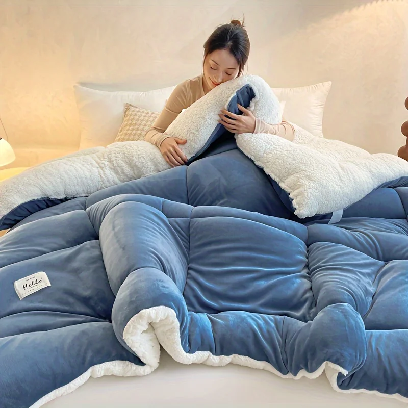 

1pc Thick Soft Comforter Lamb Quilt, Ultra Breathable All Season Cover Quilt Double-Sided, Box Stitch Solid Color Comforter