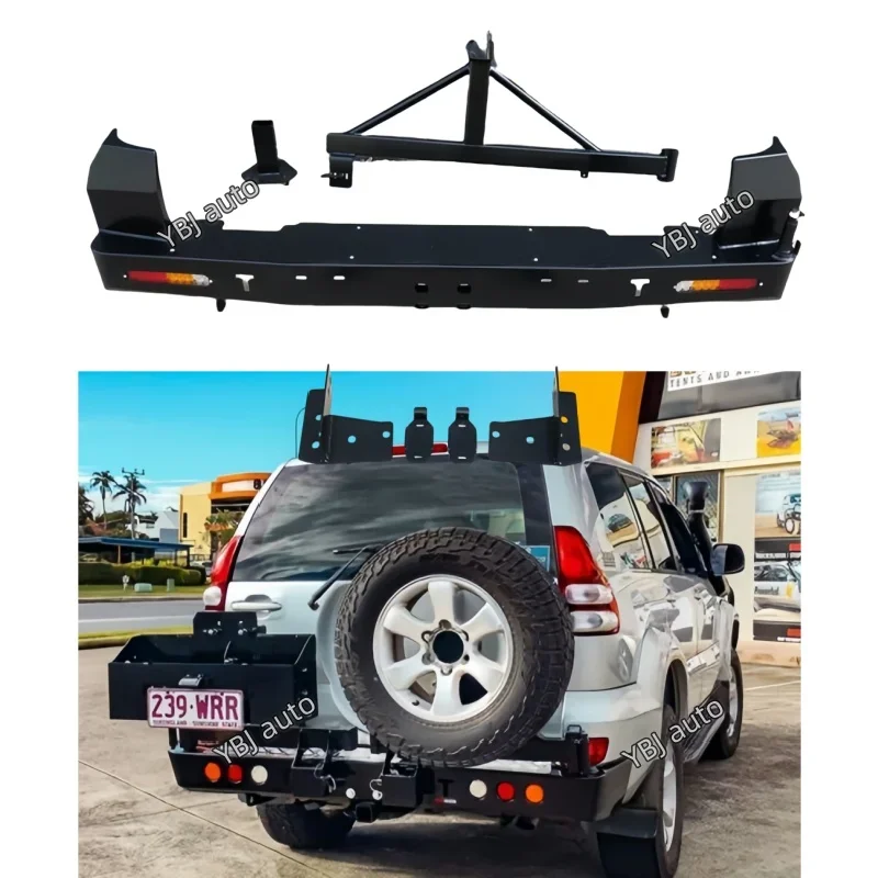 for Land Cruiser Prado FJ120 2003-2009 Rear Steel Bumper with Tire Jerrycan Bracket LC120 Light Emitting Diode Bull Rod
