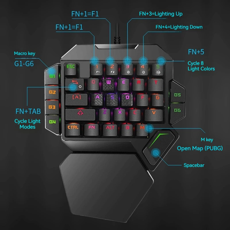 One-Hand Gaming Mechanical Keyboard RGB Backlit Macro Keys Left Hand Portable For PC Laptop E-Sports K50 Wired Keyboard Gift