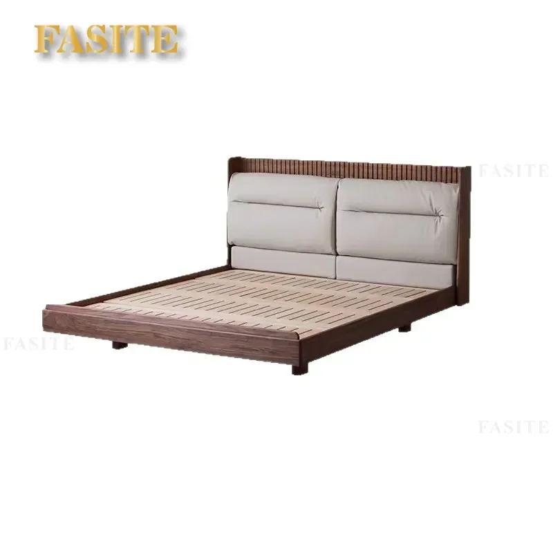 For 1.8m Bed Frame Retro North American Black Walnut Solid Wood Light Luxury Leather Upholstered Double Bed for Master