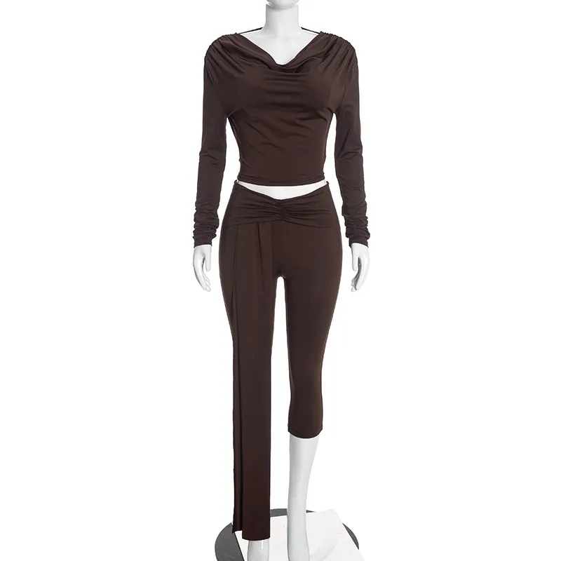 Draped Ruched Open Back 2 Piece Set, Long Sleeve Crop Top & Tie Detail Capri Pants Outfit
