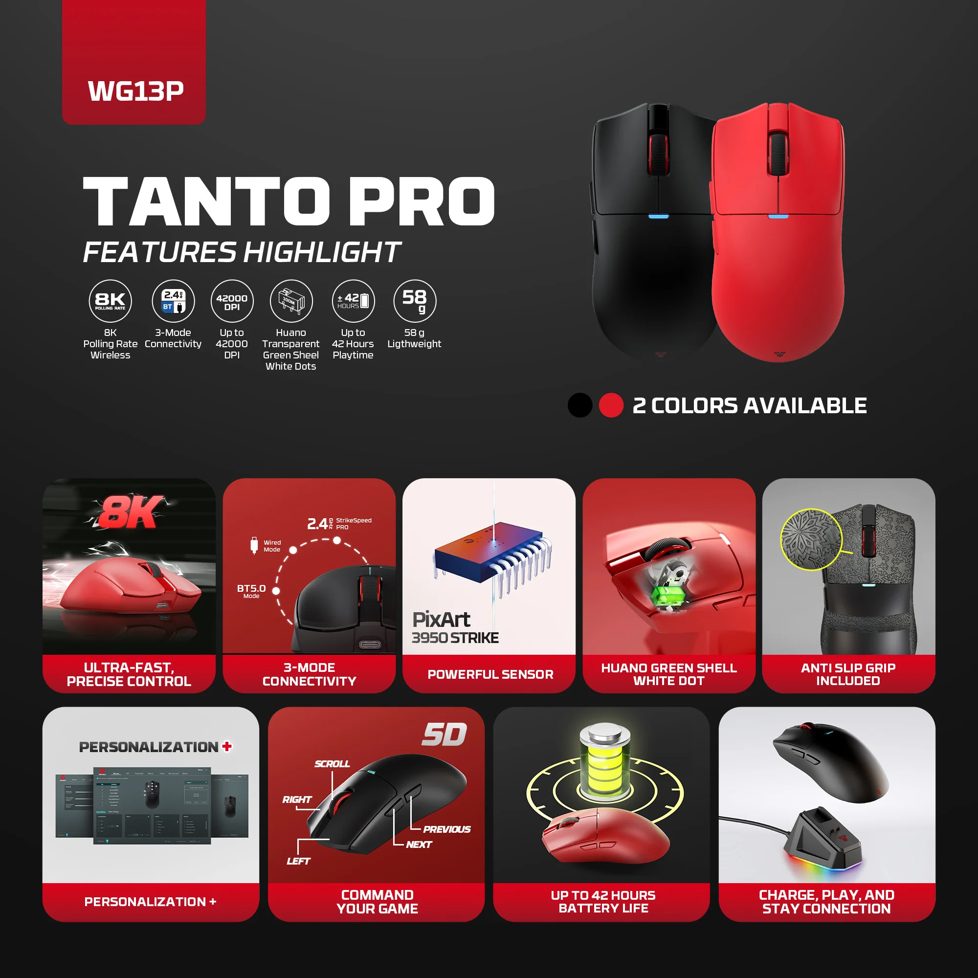 FANTECH TANTO PRO WG13P Wirless Mouse 8000Hz PAW 3950 Web Driver Macro Mice Tri-Mode Mouse for PC