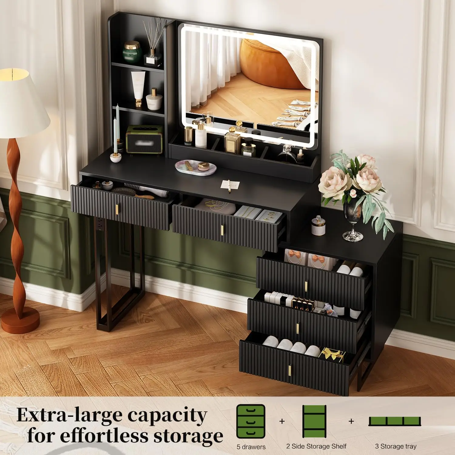 Black Vanity Desk 3 Color Touch Screen Dimming Mirror Charging Station Modern Retractable Makeup Dressing Table Storage Shelves