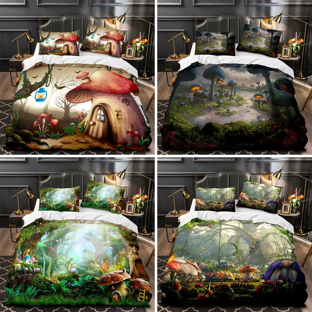 Mushroom Fairy Forest Magic Lilliputian Fungus Plant Bedding Set Boys Girls Twin Queen Size Duvet Cover Pillowcase Bed Kid Adult