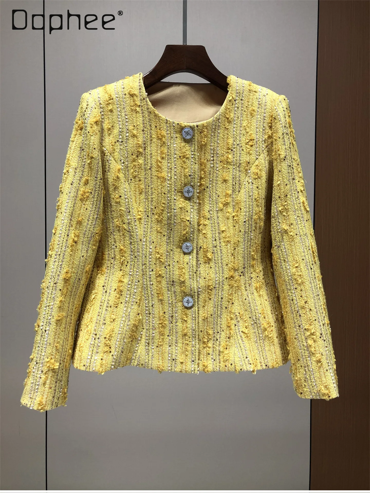 

Spring New European Style Trendy Round Neck Single-Breasted Belt Slim Sequin Tweed Coat French Elegant Socialite Coat for Women