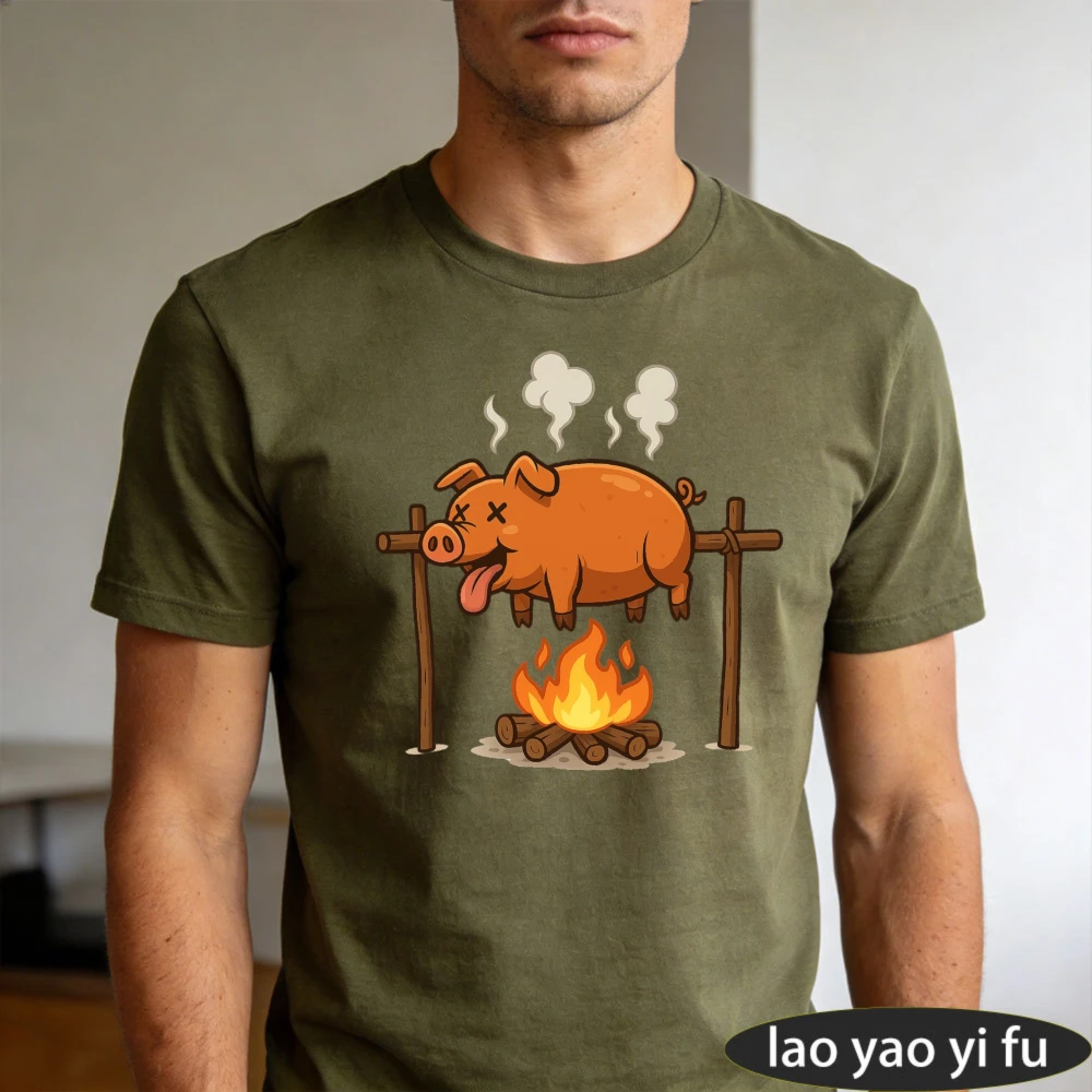 Cartoon Roasted Pig On Spit Campfire BBQ Graphic Men Summer T Shirt Backyard Barbecue Funny Casual Short Sleeve Garment