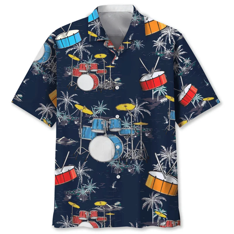 Rock Instruments, Drums, Surfing, Beach Scenery, Printed Men's Short Sleeved Shirt, Summer Breathable Shirt