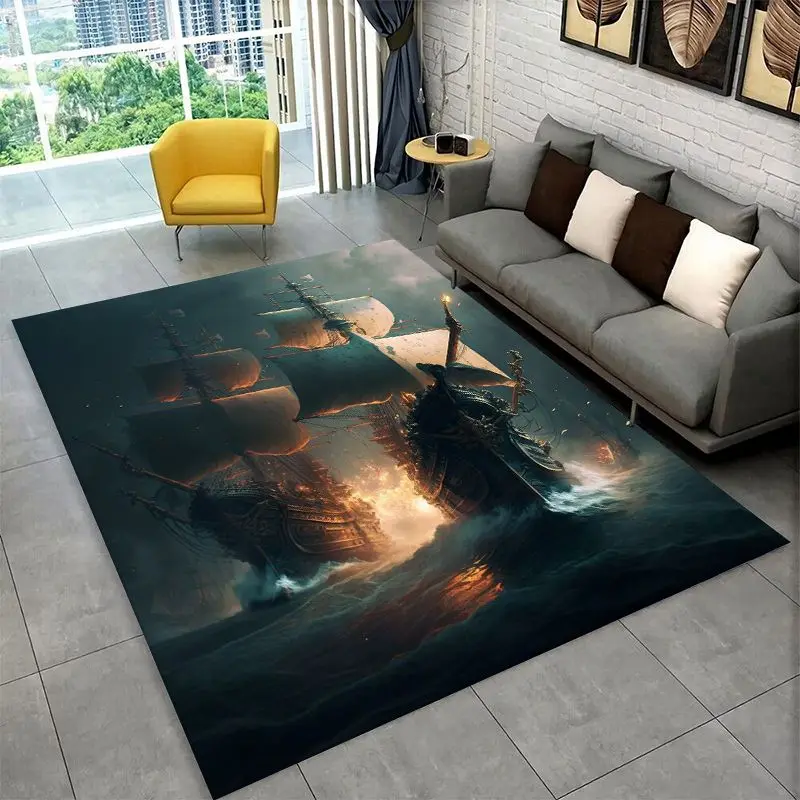 Storm Pirate Ship Boat Barque Large Area Rug Non-slip Durable Carpet for Bedroom Living Room Sofa Doormat Home Decor Floor Mat