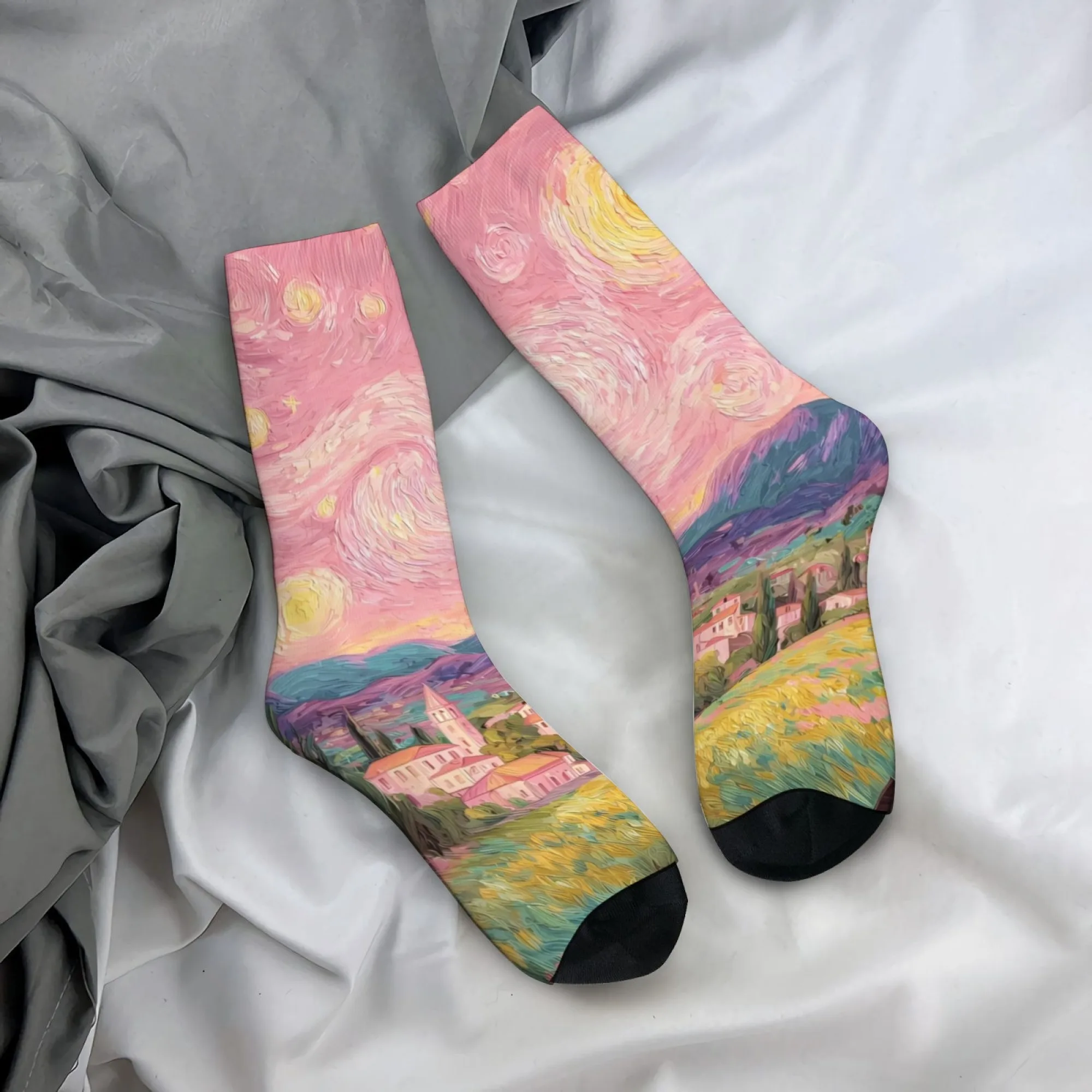 Starry Sky Pastoral Van Gogh Art Socks Retro Fashion Men's Socks Novelty Funny Compression Socks Outdoor Casual Sports Socks