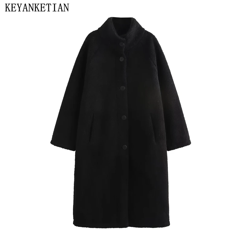 KEYANKETIAN Winter New Women's Black Double Faced Fur Coat Leisure style Single Breasted High Neck Thick Warm Long Greatcoat