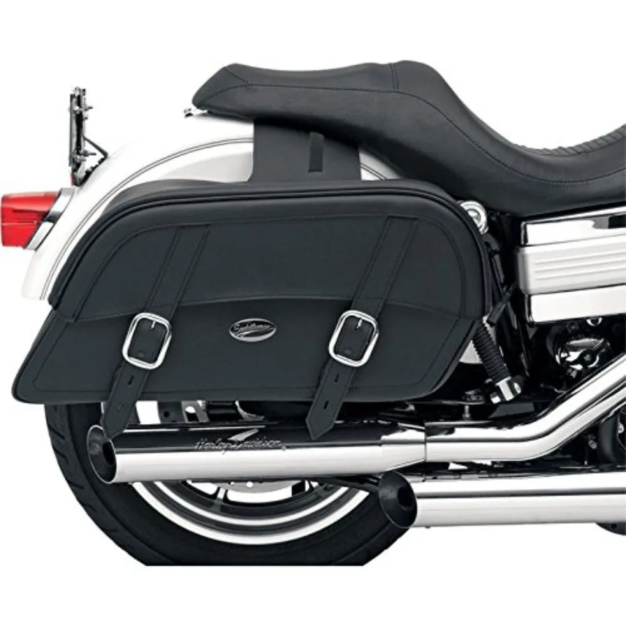 Motorcycle saddle bag for touring, durable polyester, black, extra jumbo size with throw-over design and slanted fit