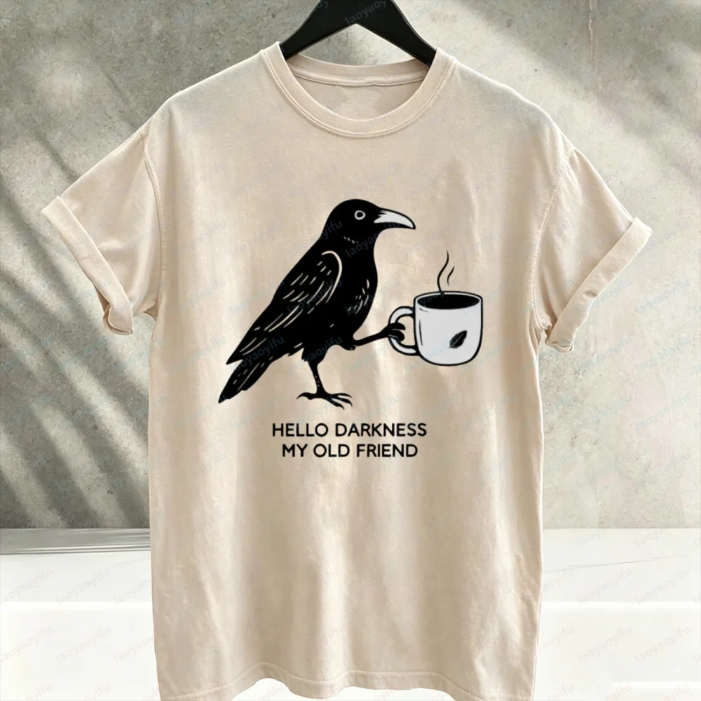 Vintage Halloween Crow Coffee T-Shirt Women Men Cotton Tee Graphic Print Black Bird Steaming Mug Crew Neck Short Sleeve Relaxed