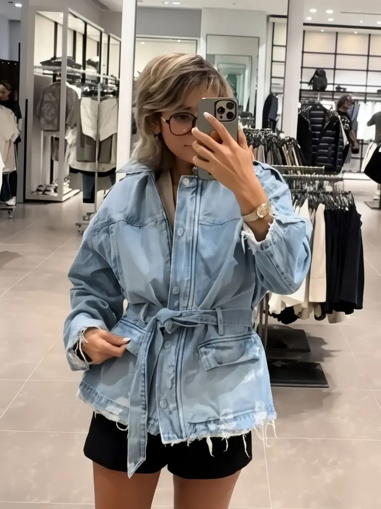 

HH винтажная джинсовая куртка для женщин с длинными рукавами и лацканами с карманами, повседневные пальто с поясом, осенняя уличная модная верхняя одежда