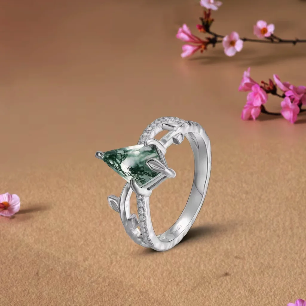 

Nature Inspired Kite Cut Moss Agate Engagement Ring Sterling Silver Split Branch Ring for Women Gift