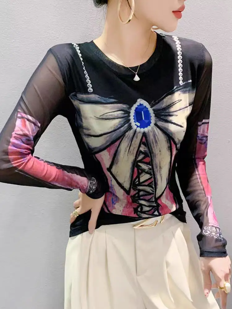 Spring Autumn Mesh T Shirts Lady O Neck Long Sleeve Positioning Printed Tshirt Women's Fairy Base Tops