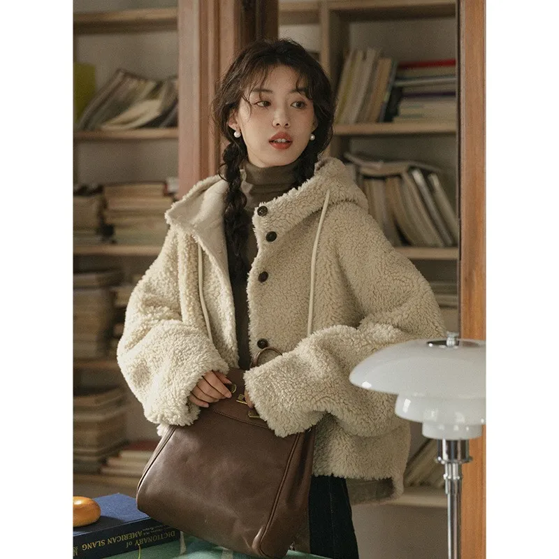 سترة قصيرة من صوف الضأن بغطاء للرأس دافئة كاجوال كورية شتوية من johnature معاطف نسائية بسيطة متعددة الاستخدامات #4