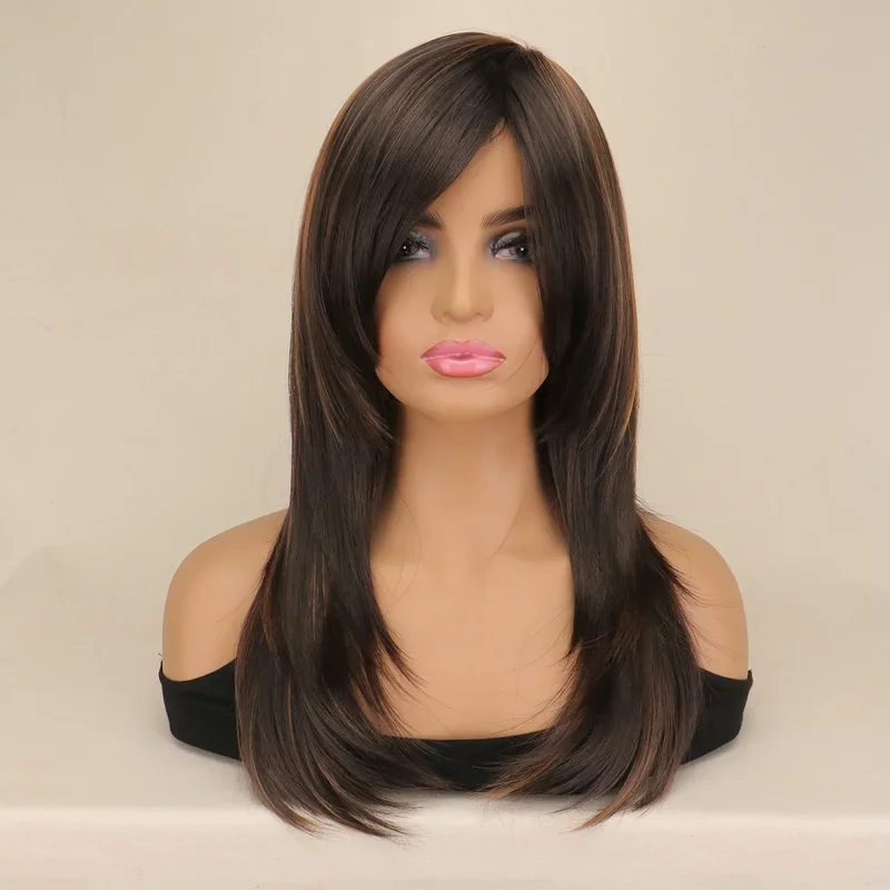 WHIMSICAL W Synthetic Women Ombre Black Brown Wig with Bangs Hair Natural For Women Cosplay Heat Resistant Use Daily Wigs