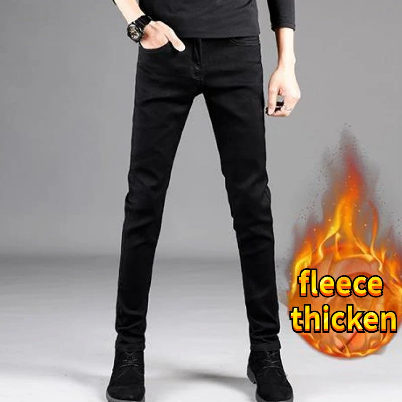 Warm Fleece Pants Winter Man Cowboy Man Thermal Fleece Lined Black Korean Fashion Slim Thicken Plush Wool Boot Cut Jeans Men