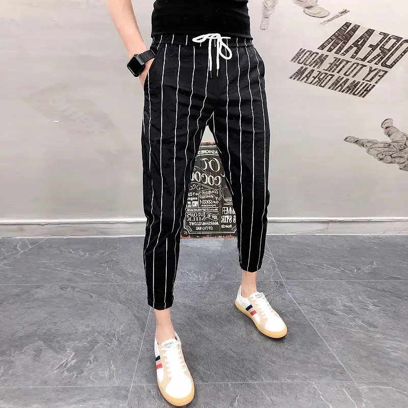 Men's Spring Autumn 2026 Trendy Brand Stripe Casual Pants Slim Fit Nine Points Small Foot Harlan Pants Youth Active Style