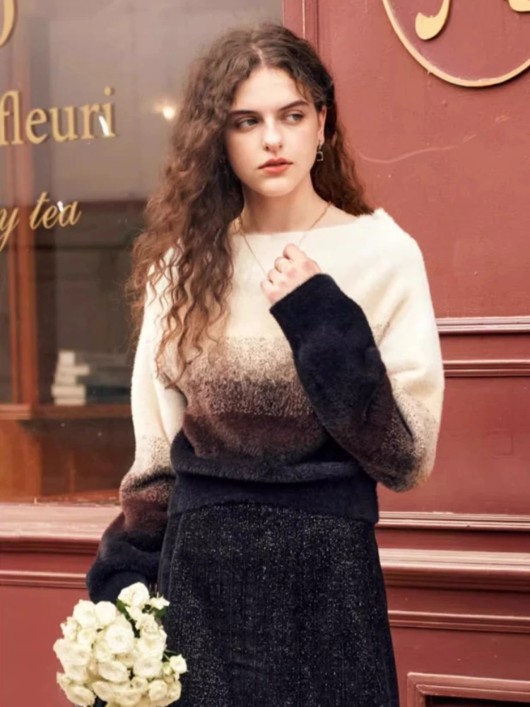 OLrain Women's Sweater 2025 Autumn New Knitted Soft Pullover Slash Neck Long Sleeve Top Fashion Casual Woman Clothing O23DM85086