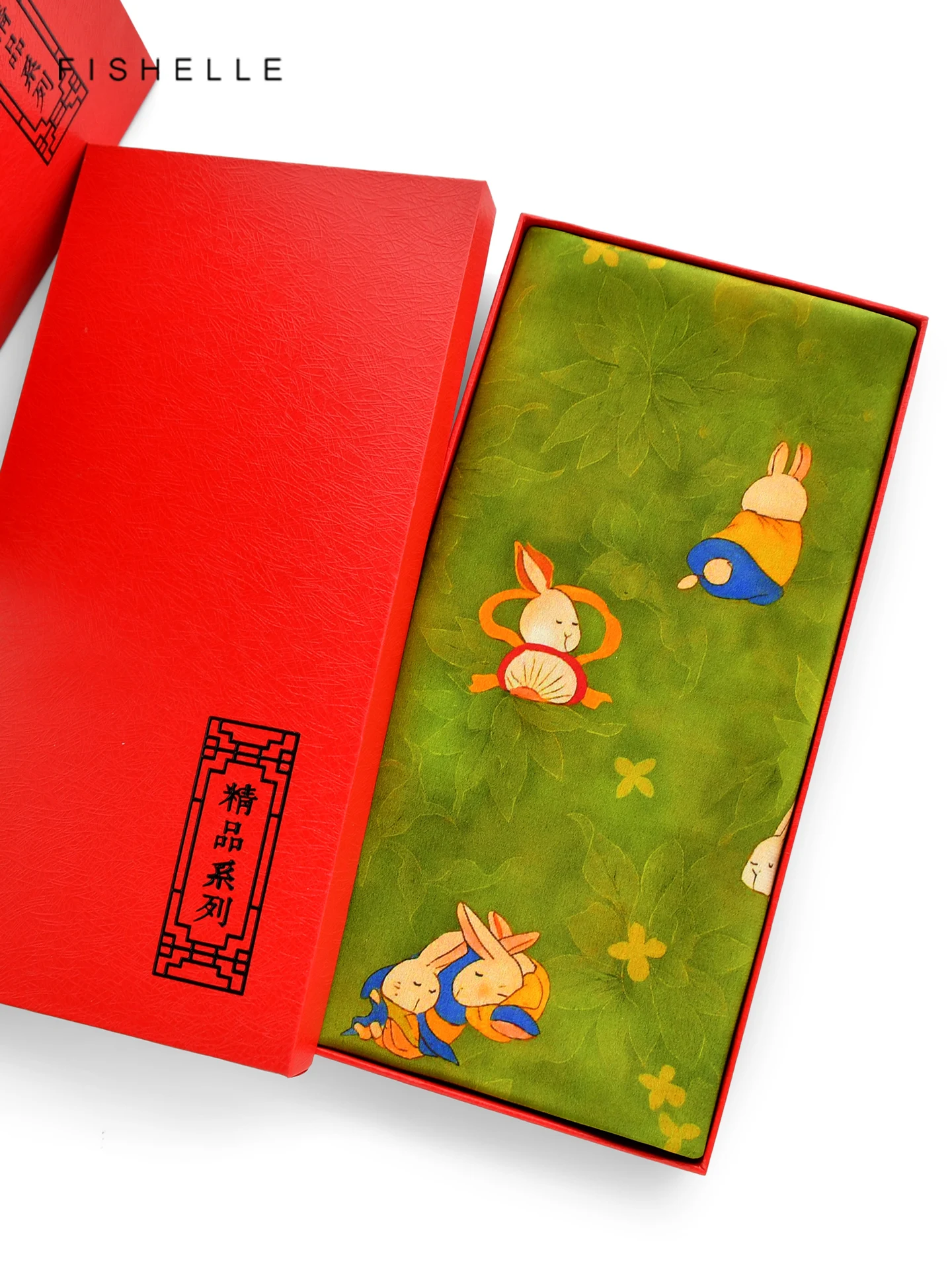 新中国風緑色のシルクスカーフ、ウサギ柄の小さな正方形スカーフ、ギフトボックス入り、男女兼用シルクスカーフ、春と秋に