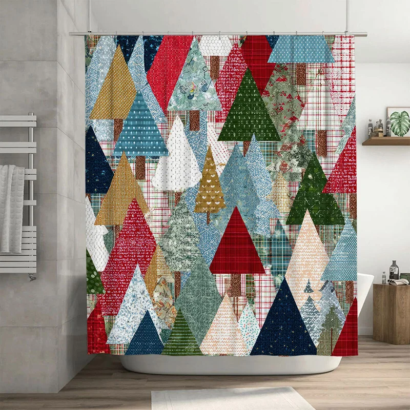 Abstract Christmas Tree Shower Curtain, Colorful Triangle Patchwork in Red Green Gold, Modern Geometric Holiday Bathroom Decor