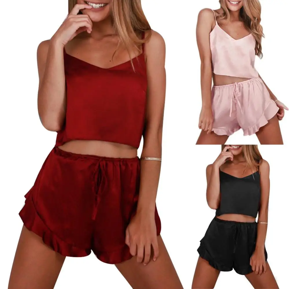 2019 пикантная ночная рубашка, женская одежда для сна, Однотонная рубашка на бретельках с V-образным вырезом, топ, женские комплекты с топом