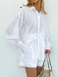 Casual Two Piece Shorts Sets Striped White Shirt 2 Pieces Lapel Lantern Sleeve Blouse Summer Outfit Elastic Waist Shorts Suits