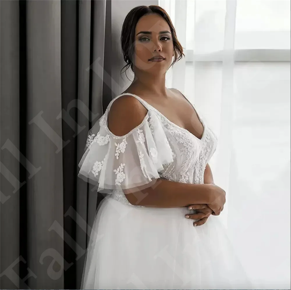 Vestido De Novia 2024 Plus Size suknia ślubna z krótkim rękawem w kształcie litery A, sznurowane z tyłu Boho koronkowe kwiaty z odkrytymi ramionami suknia ślubna z tiulu