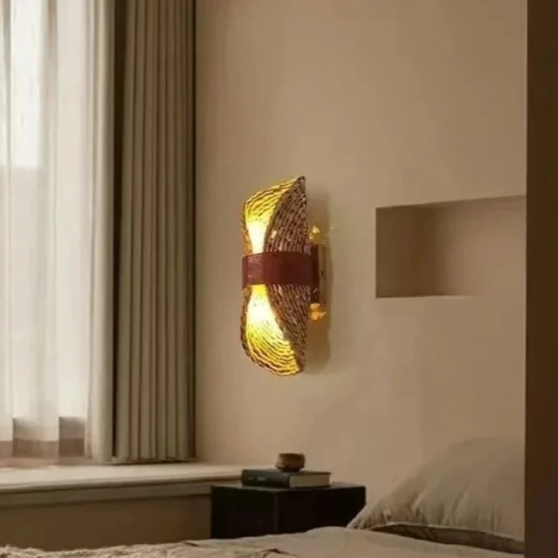 Hand Woven Rattan Wall Lamp Japanese Retro Wabi Sabi Style Natural Material for Tea Room Bedroom Living Room Lighting