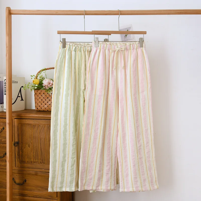 Lightweight Striped Women‘s Pajama Pants, Crinkle Double Gauze Wide-Leg Bottoms with Ruffle Hem, Comfortable Loungewear for Home